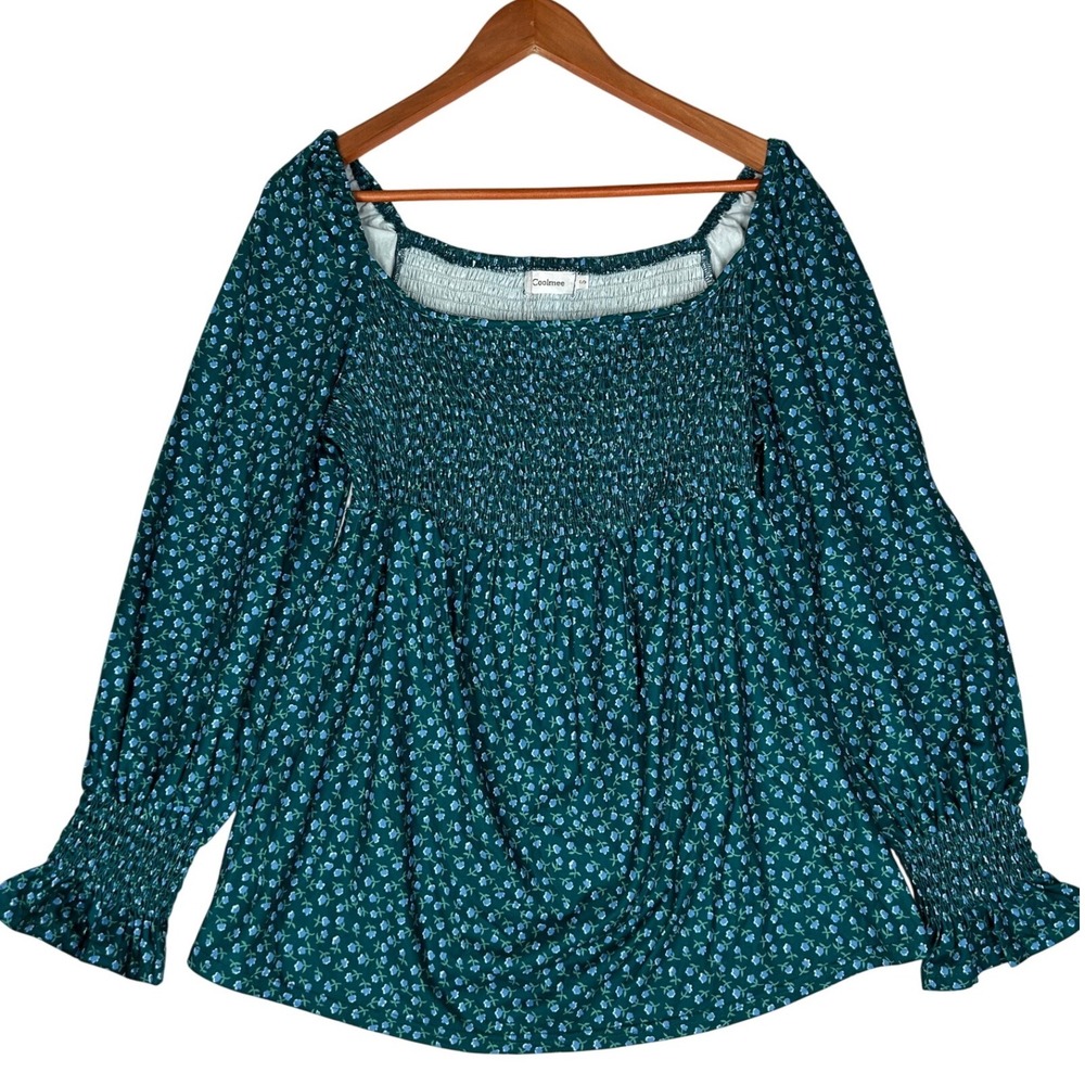 Coolmee Off Shoulder Green with Blue Floral Blouse Smocked Chest and Cuff Sz Sm